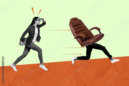 Trend artwork composite sketch image 3D collage of young woman confident walk hold laptop office manager armchair run away human legs photo