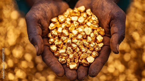 Close-up of gold nuggets being sifted through by a miner s hands, Gold mining, raw material, wealth photo