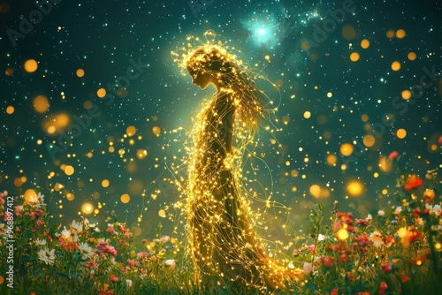 Magical golden fairy figure in enchanted forest with glowing fireflies and flowers