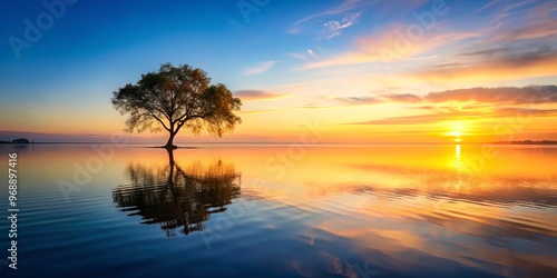 Solitary tree at water's edge under rising sun