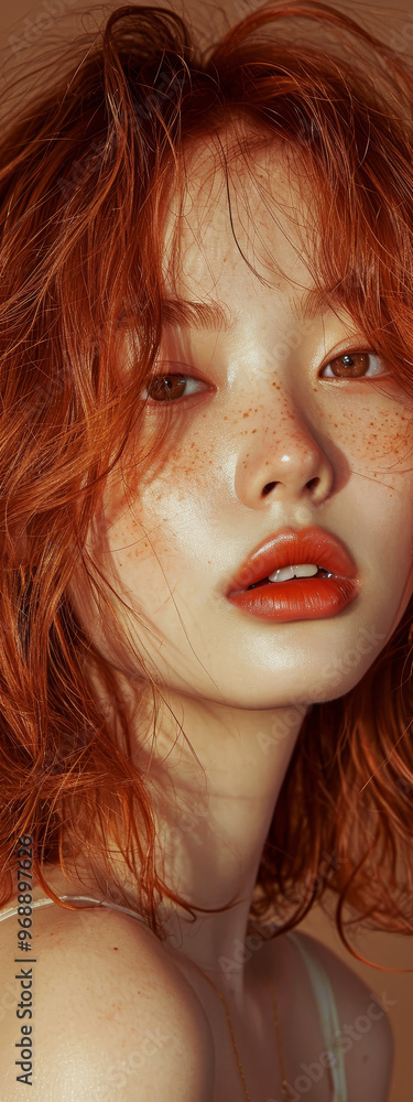 Extreme close-up of a beautiful radiant Southeast Asian model with red hair and freckles Extreme close-up of a beautiful radiant Southeast Asian model with red hair and freckles