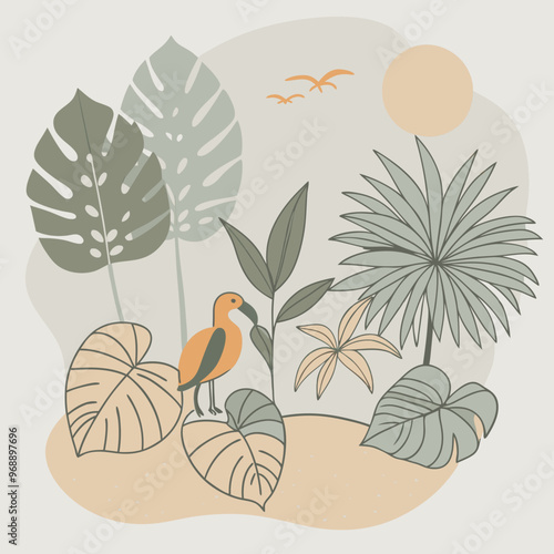 Tropical Jungle Illustration with Exotic Bird and Greenery in Pastel Colors