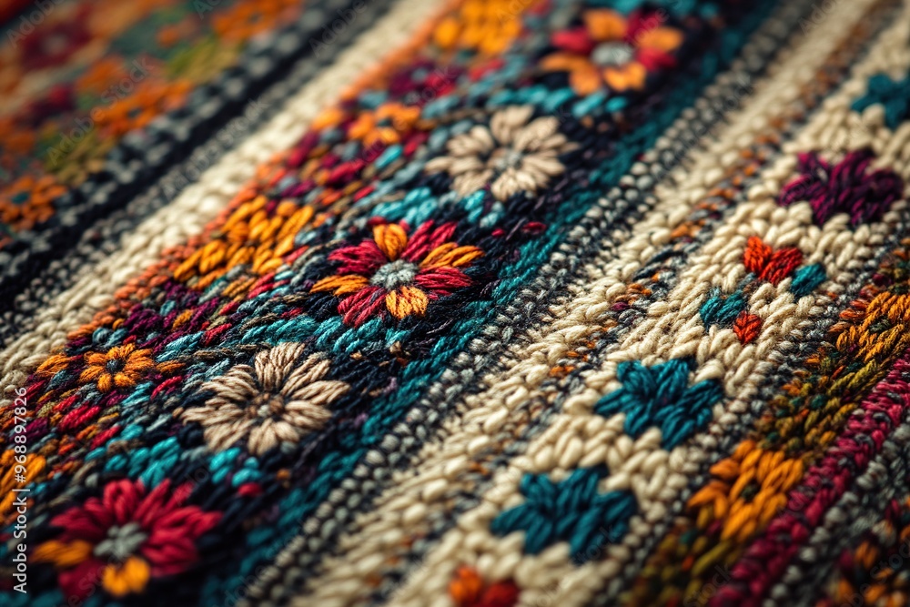 A close up of a woven tapestry with rich colors and complex patterns A close up of a woven tapestry with rich colors and complex patterns