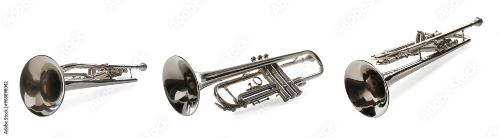 Obraz premium Trumpet isolated on white, collage. Musical instrument