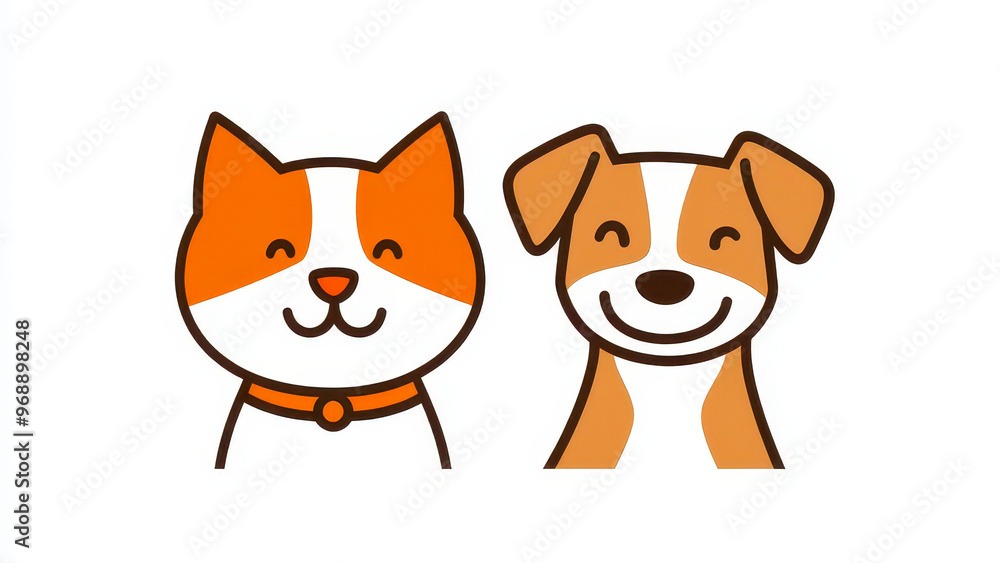 Fototapeta Line art illustration of an orange and white cat and dog, featuring simple and cheerful cartoon design elements.