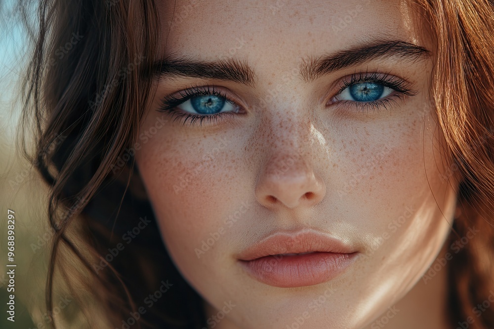 Fototapeta premium A close up of beautiful young women with blue eyes and brown hair