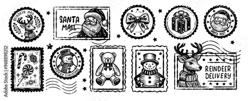 Vintage Christmas Postmark and Postage Stamp collection. Old textured Holiday Postal Watermark for Greeting Cards, Scrapbooking, and Collages. Santa Post Isolated elements