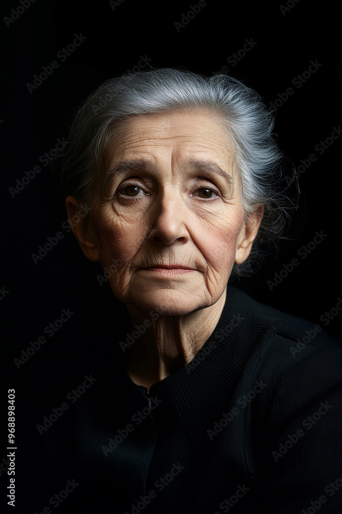 Studio portrait of an elderly woman with light skin, simple makeup, and a contemplative expression, set against a dark background to emphasize beauty and wisdom in simplicity. Studio portrait of an elderly woman with light skin, simple makeup, and a contemplative expression, set against a dark background to emphasize beauty and wisdom in simplicity.