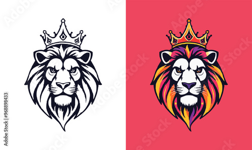 powerful abstract lion mascot logo. Lion with crown logo. Colorful rainbow lion logo for LGBTQ