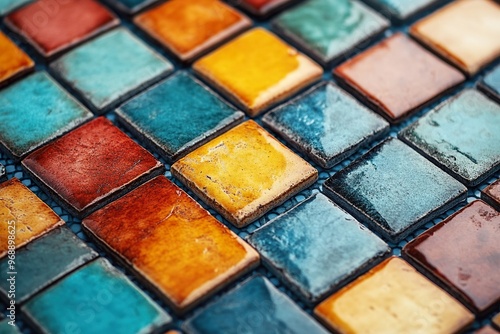 A close up of colorful mosaic tiles arranged in a geometric pattern with a glossy finish