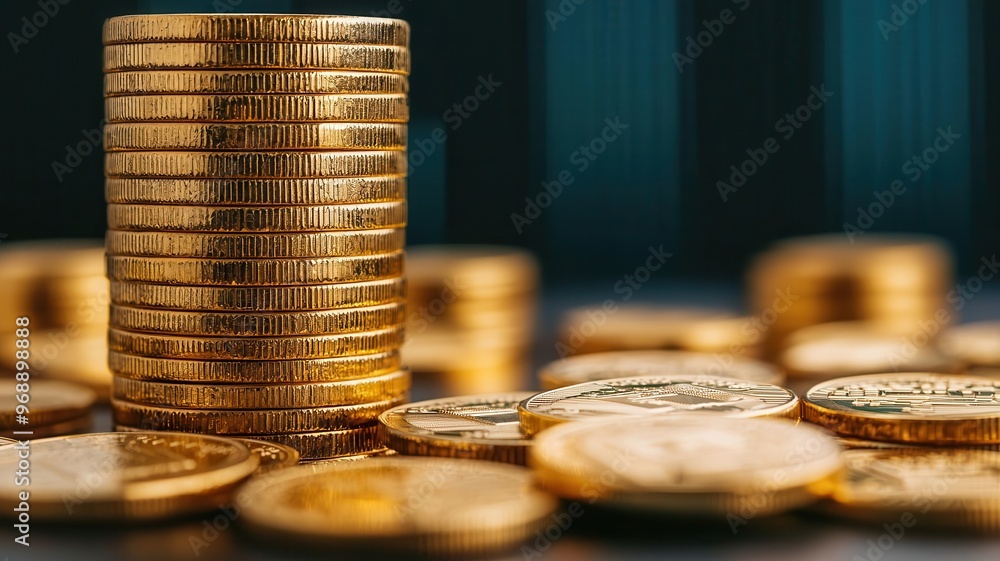 Gold coins and bars on display in a financial institution, Gold investment, wealth, financial security Gold coins and bars on display in a financial institution, Gold investment, wealth, financial security