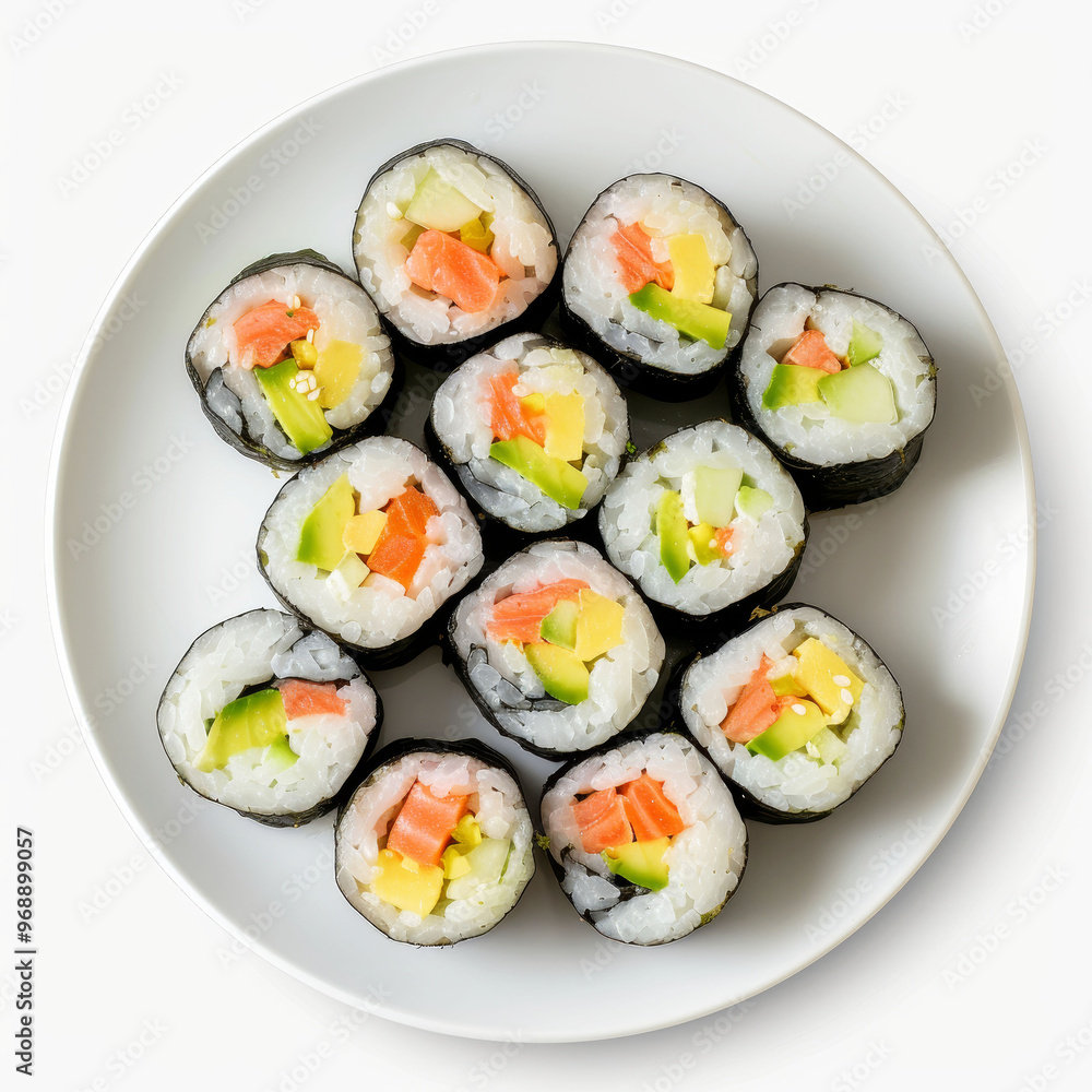 Top view of a fresh veggie sushi plate on a white background Top view of a fresh veggie sushi plate on a white background
