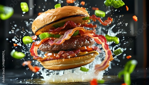 Mid-air explosion of deconstructed bacon burger with fresh ingredients in a dynamic, vibrant display photo