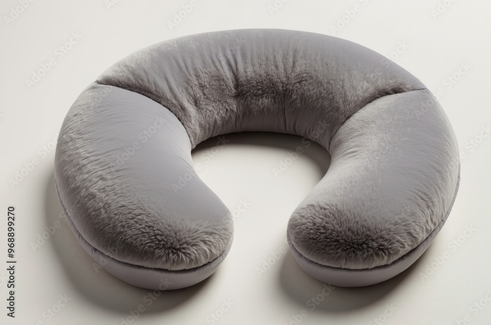 Gray Fuzzy U-Shaped Pillow on White Background Gray Fuzzy U-Shaped Pillow on White Background