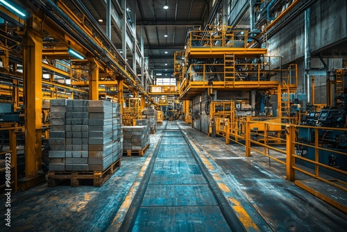 Industrial Interior with Stacked Metal Plates and Yellow Railing