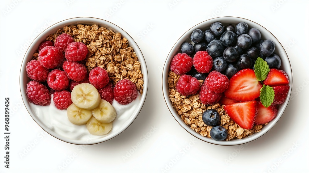 Two Delicious Healthy Breakfast Bowls with Granola and Fresh Fruits for a Nutritious Start to Your Day Two Delicious Healthy Breakfast Bowls with Granola and Fresh Fruits for a Nutritious Start to Your Day