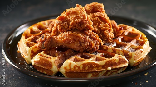 A chicken and waffles dish with crispy fried chicken