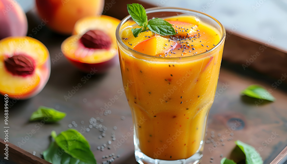 Fototapeta premium Tasty peach smoothie in glass on tray. Healthy drink