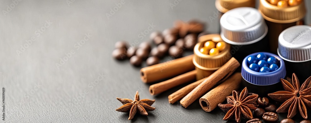 Coffee capsules displayed with cinnamon sticks, star anise, and a touch of spice Coffee capsules displayed with cinnamon sticks, star anise, and a touch of spice