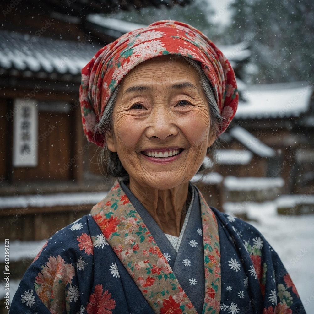 Elderly asian woman with warm smile, wearing colorful traditional japanese kimono and headscarf in snowy outdoor setting Elderly asian woman with warm smile, wearing colorful traditional japanese kimono and headscarf in snowy outdoor setting