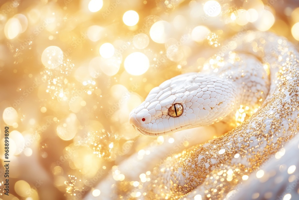 Golden Year of the Snake Albino Serpent Amidst Festive, Sparkling Bokeh for Chinese New Year Golden Year of the Snake Albino Serpent Amidst Festive, Sparkling Bokeh for Chinese New Year