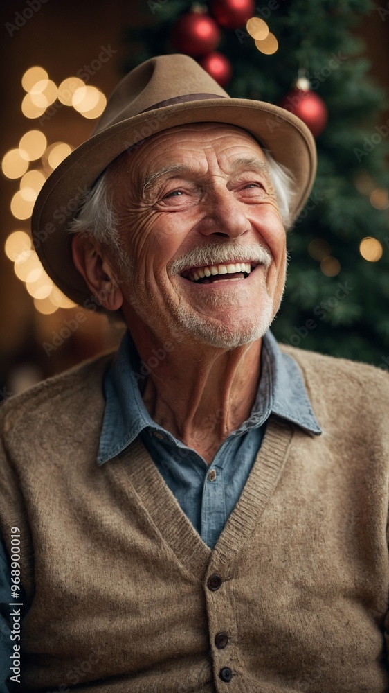 Elderly Caucasian man with white hair and beard, wearing beige jacket and blue shirt, smiling happily Elderly Caucasian man with white hair and beard, wearing beige jacket and blue shirt, smiling happily