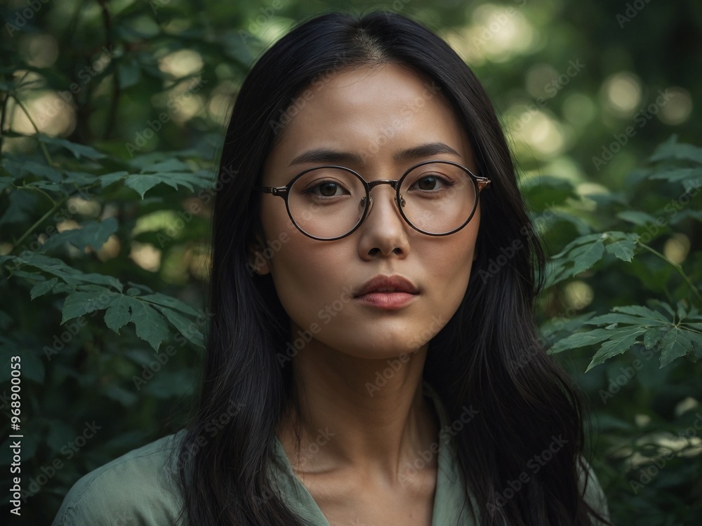 Young Asian woman with long dark hair wearing round glasses, looking directly at camera with serious expression, surrounded by lush green foliage Young Asian woman with long dark hair wearing round glasses, looking directly at camera with serious expression, surrounded by lush green foliage