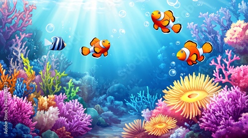 Fototapeta Naklejka Na Ścianę i Meble -  Colorful cartoon illustration of three clownfish swimming above a vibrant coral reef underwater.