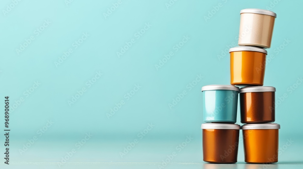 Fototapeta premium Coffee capsules stacked in a pyramid, creative arrangement, dynamic perspective