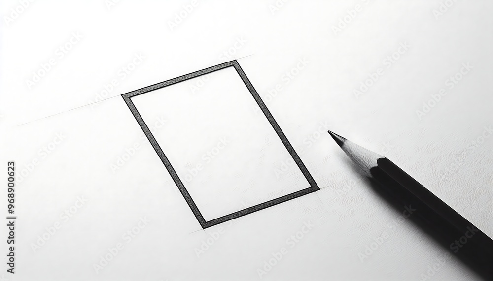 A black pencil is on a white piece of paper with a square drawn on it. The pencil is sharpened and ready to be used for drawing. The square on the paper is a simple geometric shape A black pencil is on a white piece of paper with a square drawn on it. The pencil is sharpened and ready to be used for drawing. The square on the paper is a simple geometric shape