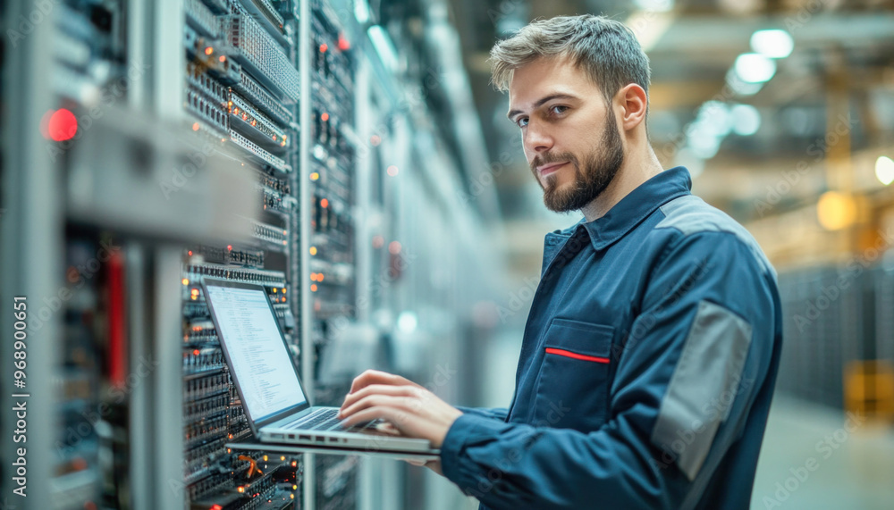 It specialist using laptop while monitoring server status in data center It specialist using laptop while monitoring server status in data center