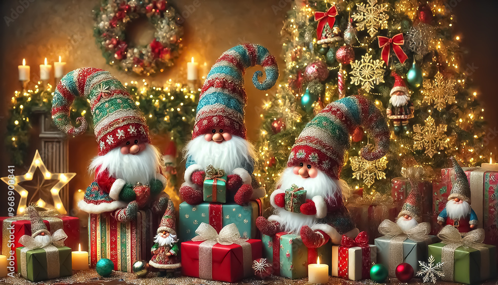 Santa Clauses decorated with Christmas ornaments and gift boxes in cosy atmosphere Santa Clauses decorated with Christmas ornaments and gift boxes in cosy atmosphere