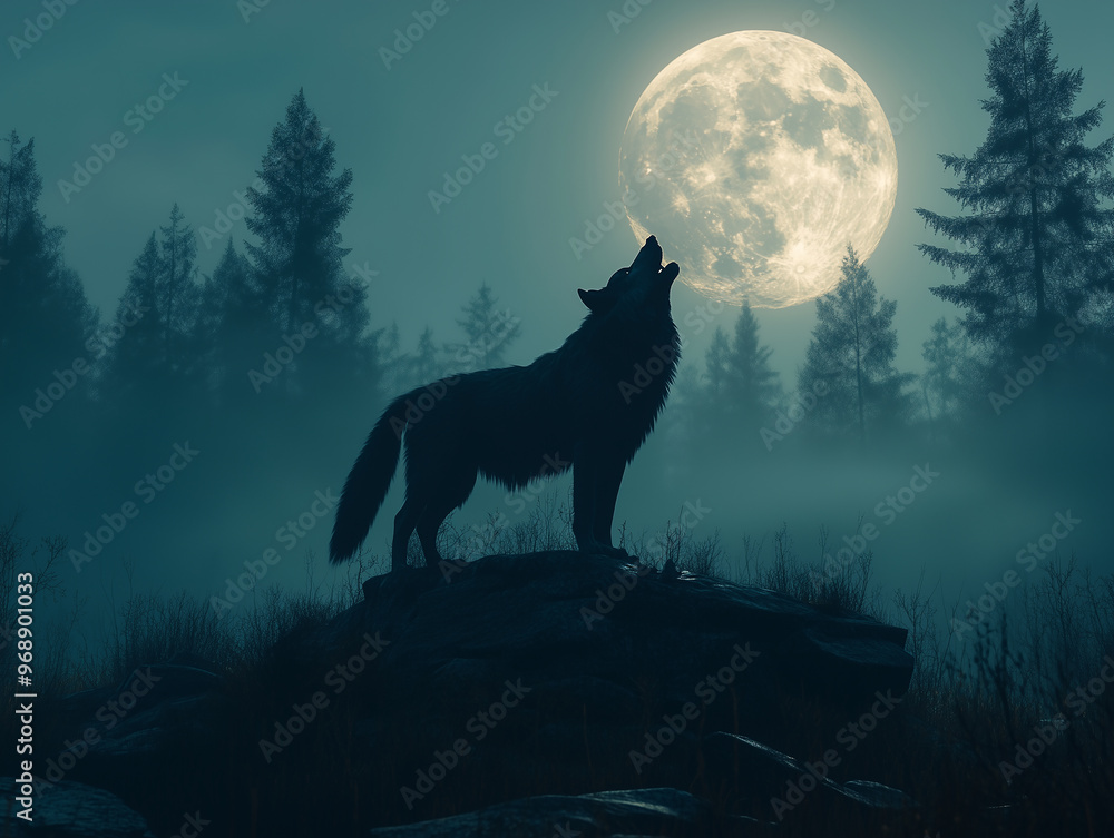 Wolf howling at the full moon in a forest Wolf howling at the full moon in a forest