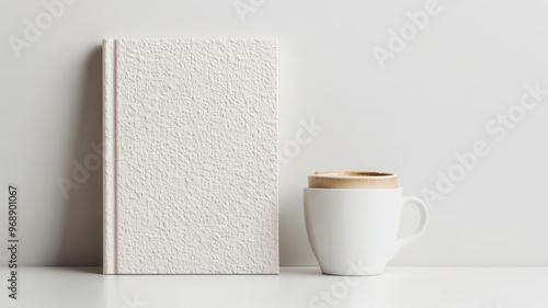 Hardcover book mockup with a textured cover standing next to a coffee cup, Book mockup, morning routine, cozy setting