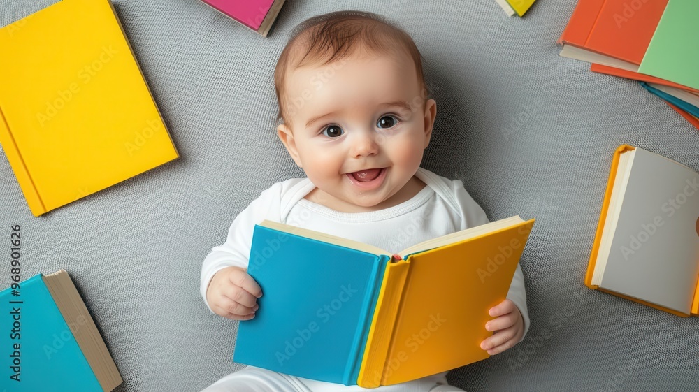 Joyful baby discovering a colorful book, with other children s books spread around, Baby reading fun, early literacy, excitement Joyful baby discovering a colorful book, with other children s books spread around, Baby reading fun, early literacy, excitement