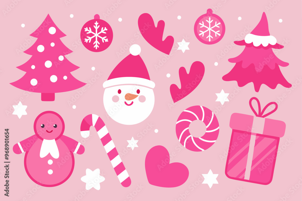 Fototapeta premium Festive pink christmas sticker collection featuring trees, snowman, and gifts