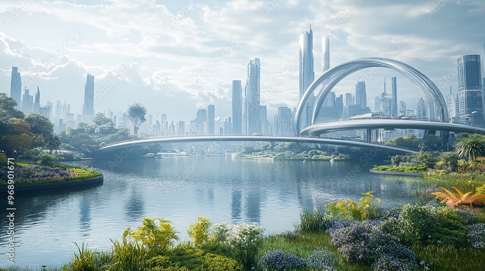 Modern urban park with lush greenery and futuristic architecture, set against a backdrop of tall city skyscrapers and misty mountains. Modern urban park with lush greenery and futuristic architecture, set against a backdrop of tall city skyscrapers and misty mountains.