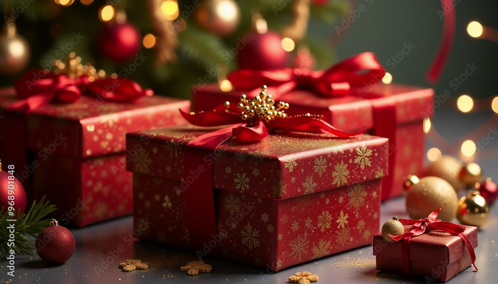 New Year's background with red gift boxes New Year's background with red gift boxes