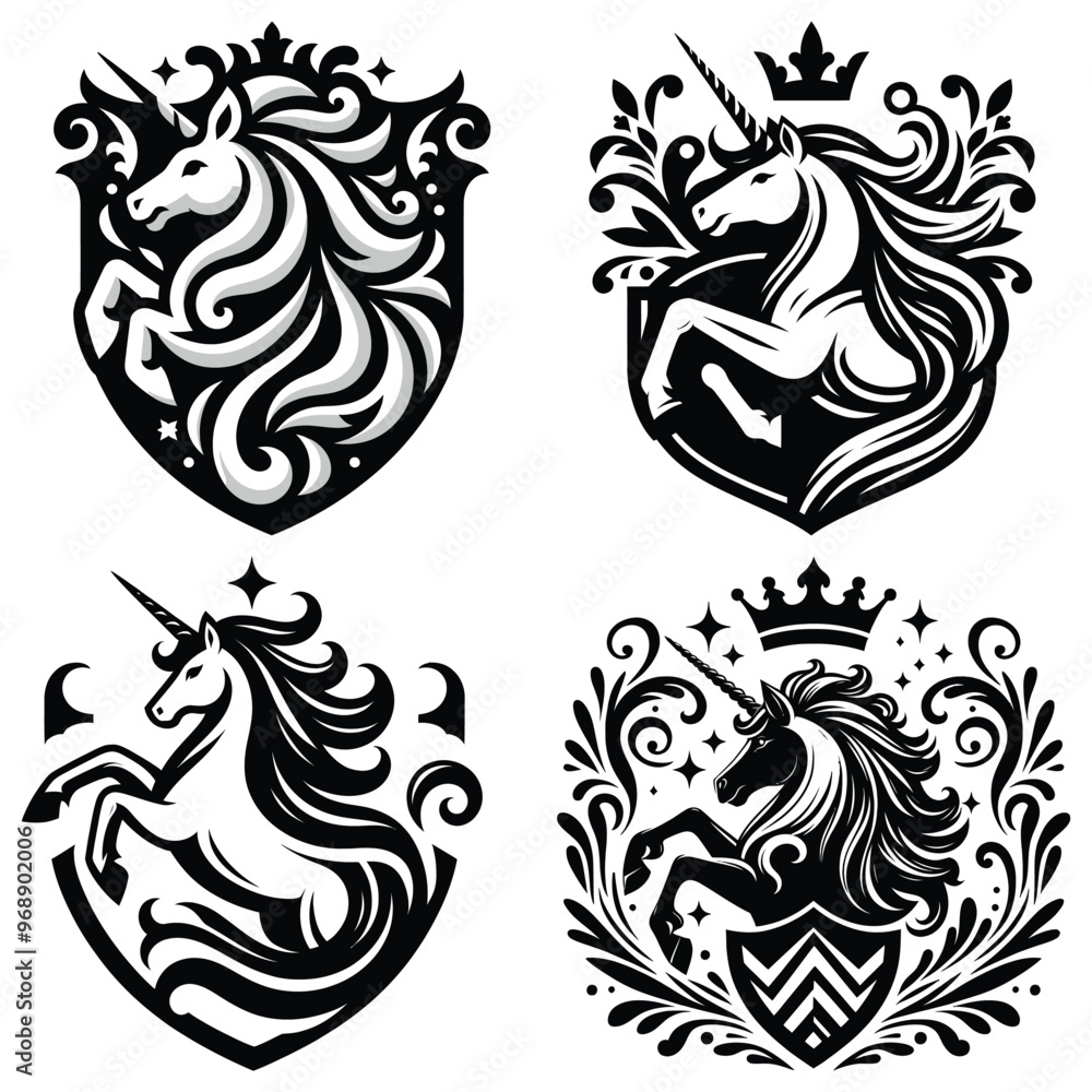 Majestic unicorn crests, black and white, vector illustration, perfect for heraldic designs Majestic unicorn crests, black and white, vector illustration, perfect for heraldic designs