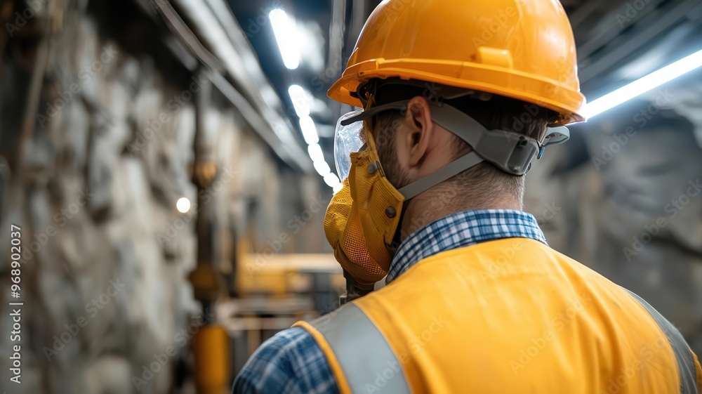 Miner wearing protective gear operating a drilling machine in a gold mine, Gold extraction, industrial labor, mining equipment Miner wearing protective gear operating a drilling machine in a gold mine, Gold extraction, industrial labor, mining equipment
