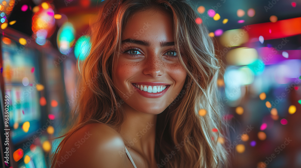 Smiling woman in a casino, colorful lights and excitement, celebrating jackpot win Smiling woman in a casino, colorful lights and excitement, celebrating jackpot win