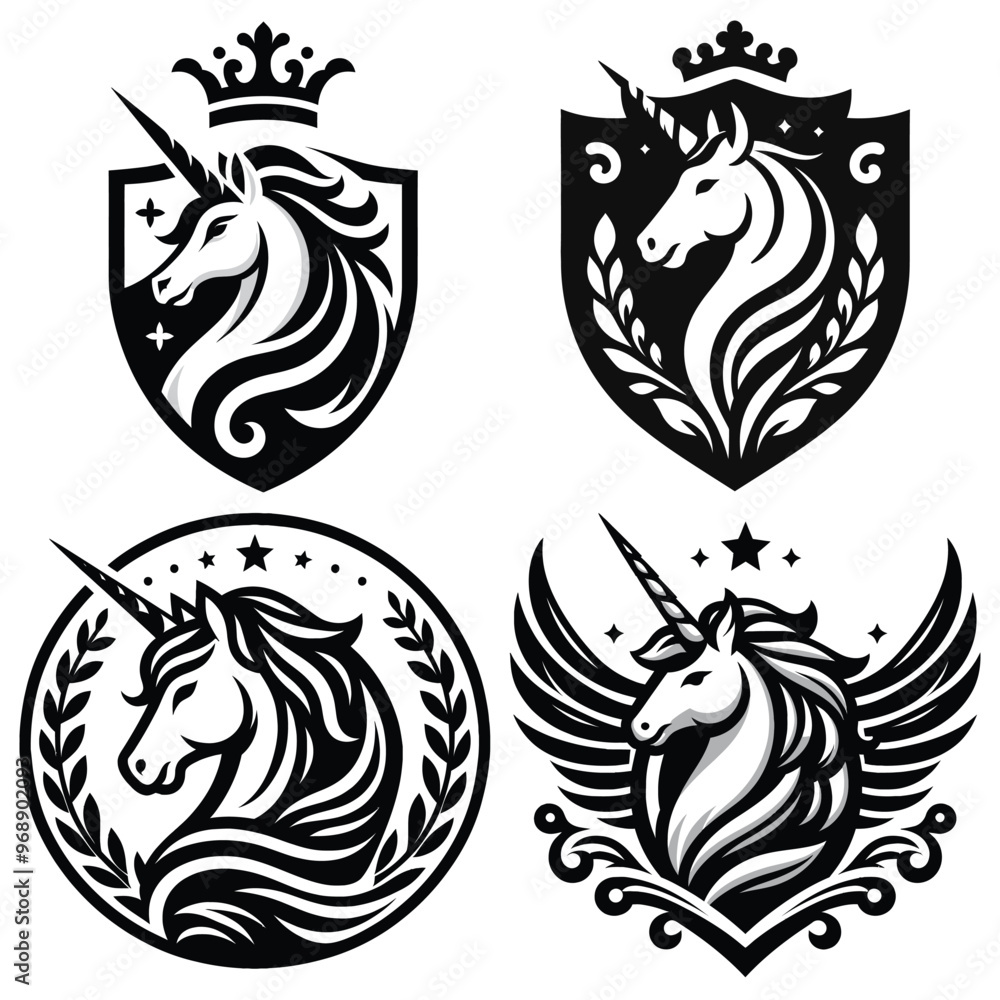 Fototapeta premium Black and white unicorn crest vector illustration set, perfect for emblems and logo designs