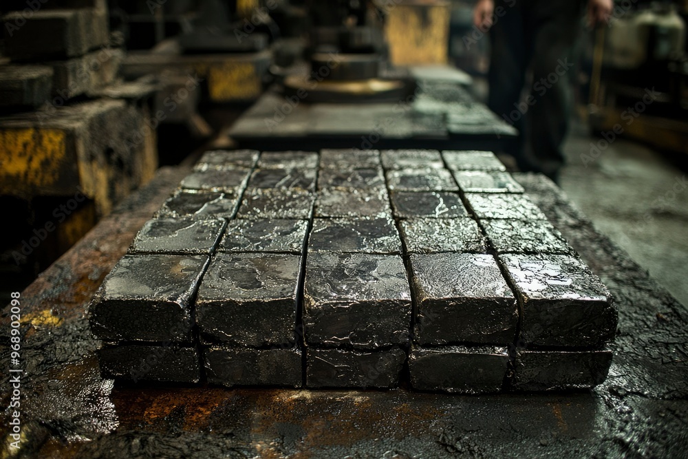 Stacked Rectangular Metal Ingots in a Factory Setting Stacked Rectangular Metal Ingots in a Factory Setting