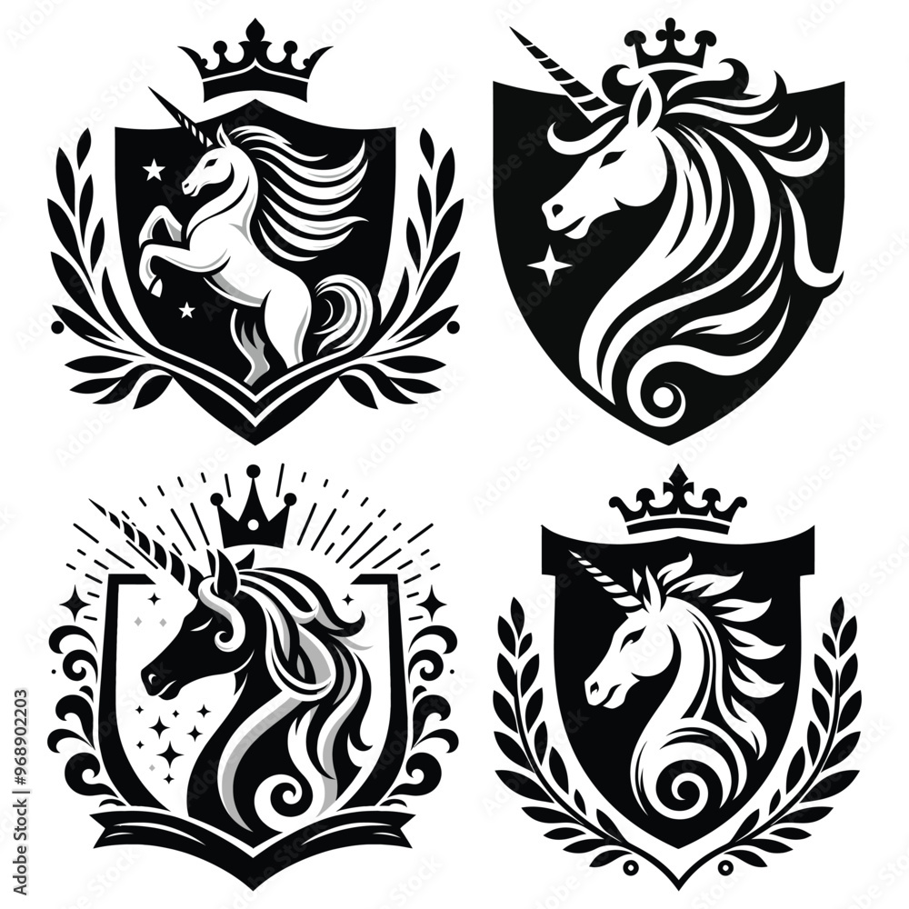 Heraldic unicorn crests in black and white, vector illustration, ideal for fantasy-themed designs