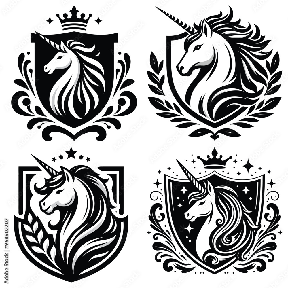 Obraz premium Heraldic unicorn crests in black and white, vector illustration, decorative emblems set