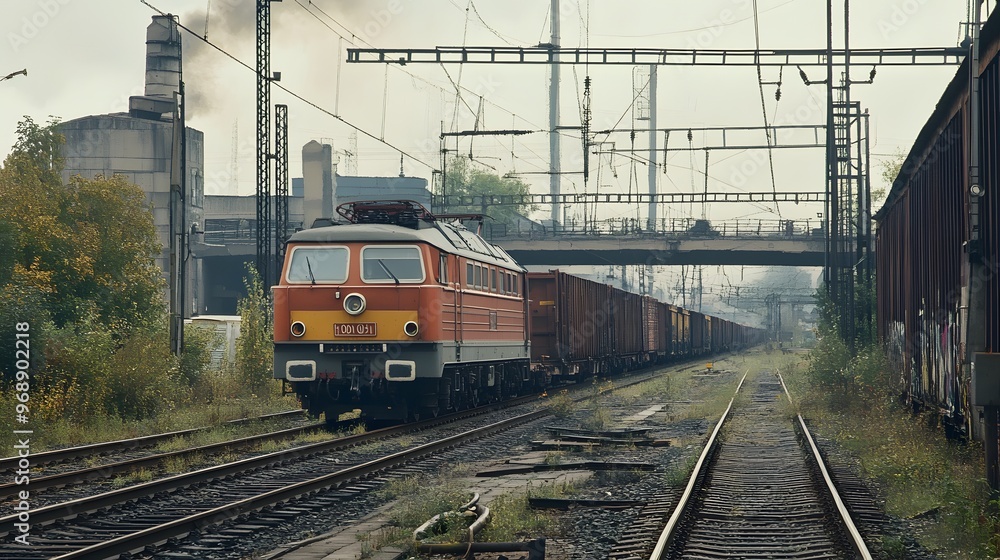 Fototapeta premium 15. A cargo train being loaded with goods at a rail yard