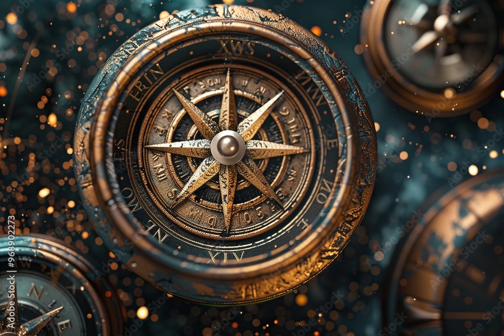 Obraz premium Vintage compass floating in space surrounded by fantasy ambience depicting time travel. Generative Ai