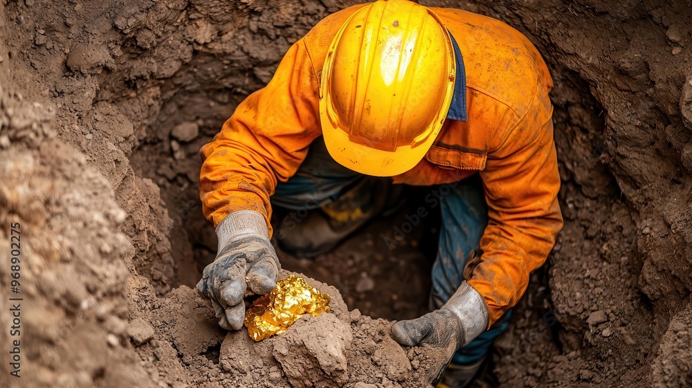 Miner working underground, extracting gold from a rock face, Gold mining, industrial labor, underground mining