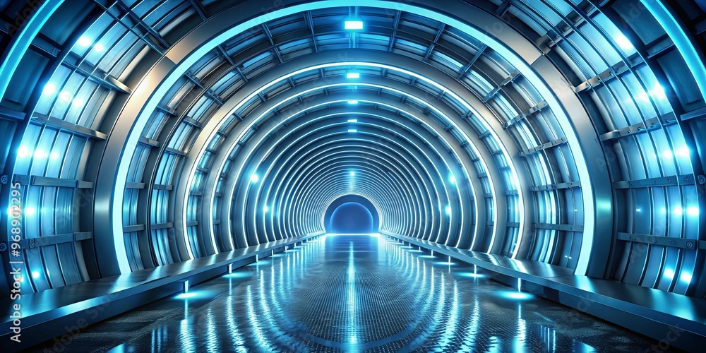 Fototapeta premium Futuristic blue-toned tunnel with circular patterns