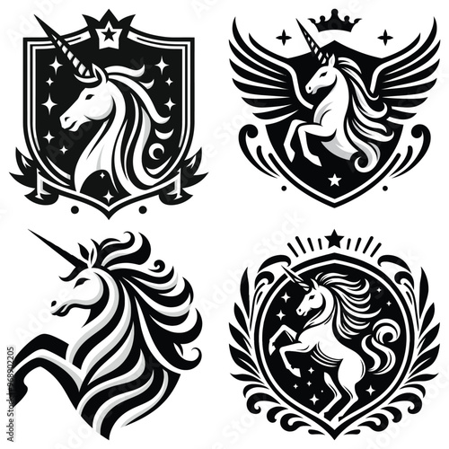 Heraldic unicorn emblems, black and white illustration, fantasy themes, perfect for logos or crests